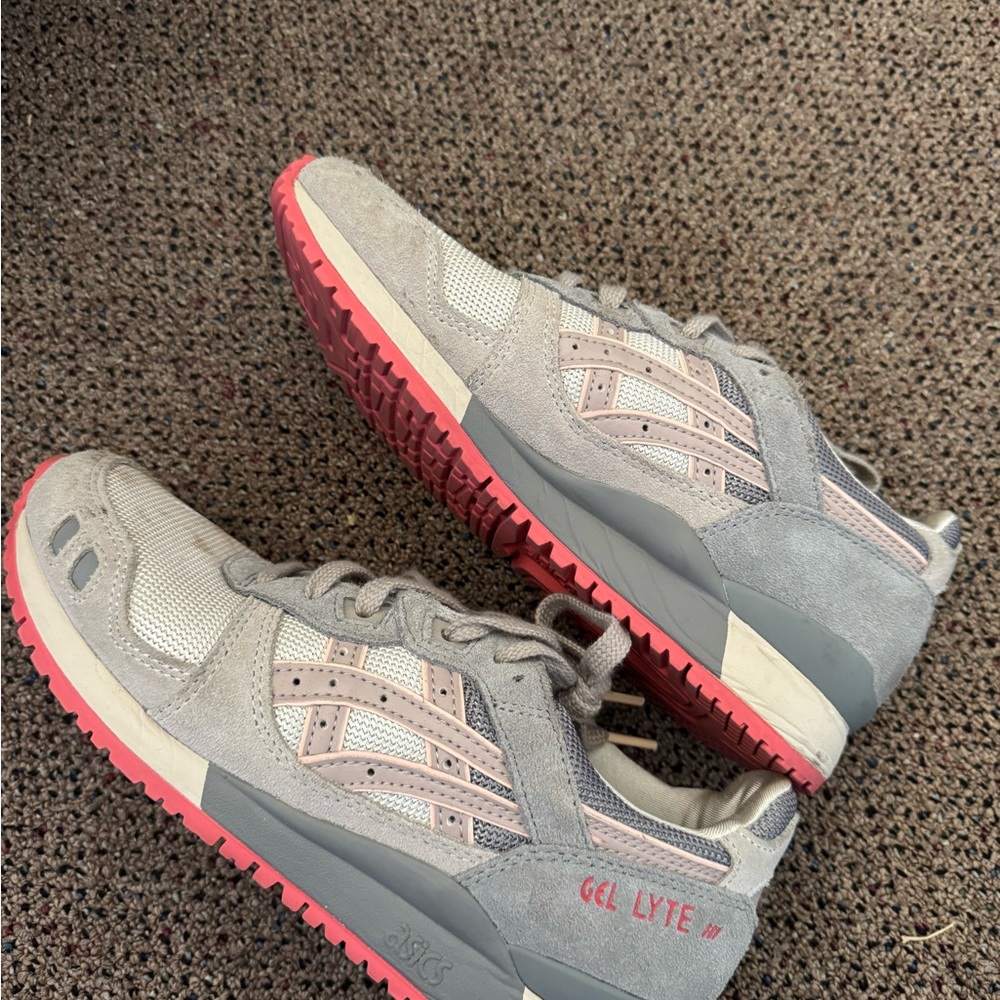 Asics Gray Suede Sneakers with Pink Outsole